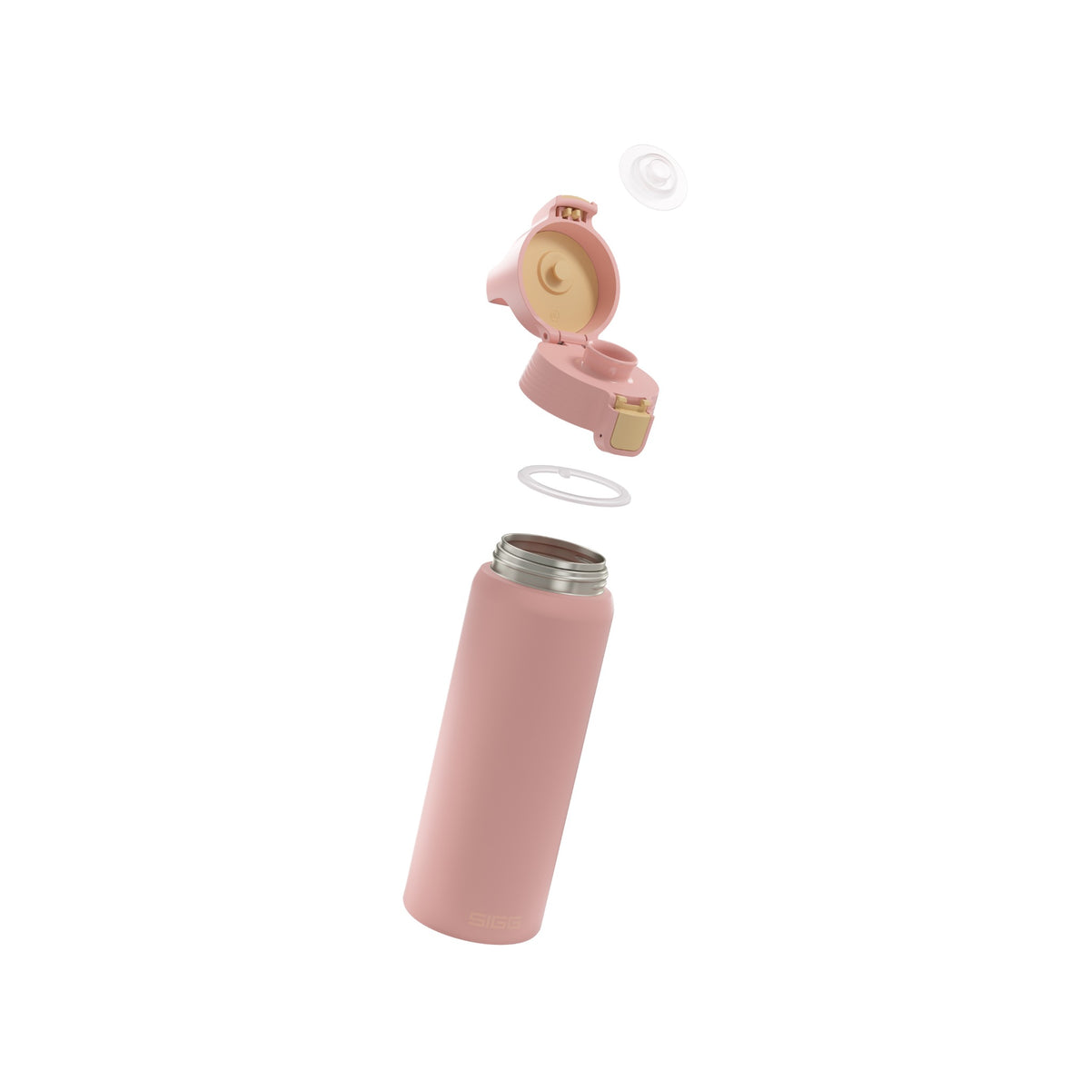 SIGG Shield One teräksinen juomapullo Playful Peach 0,75 l, osiin purettuna