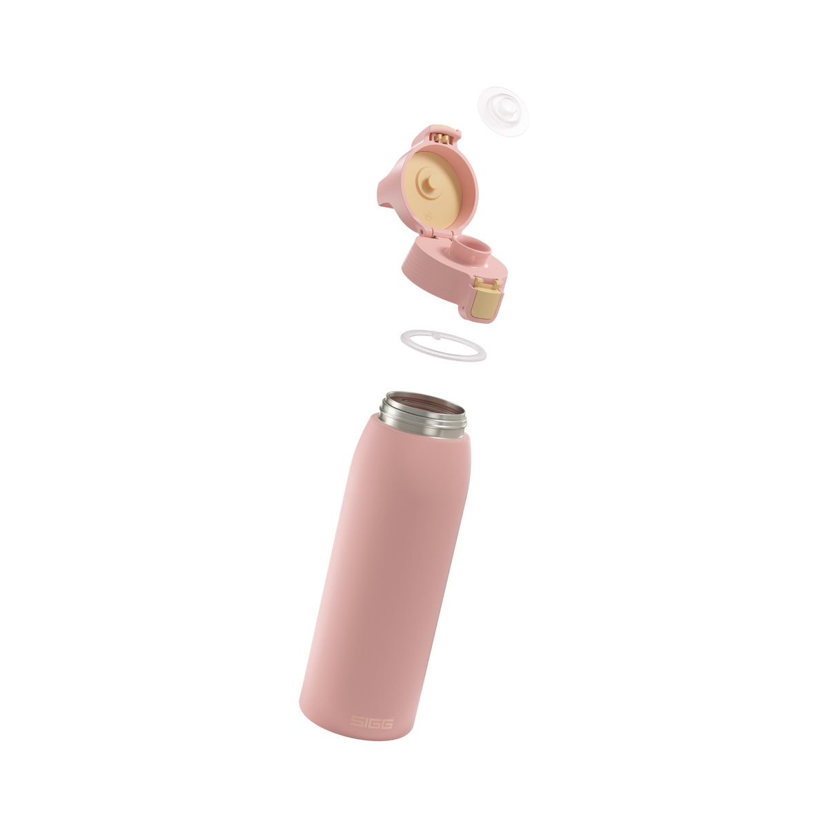SIGG Shield One teräksinen juomapullo Playful Peach 1,0 l, osiin purettuna