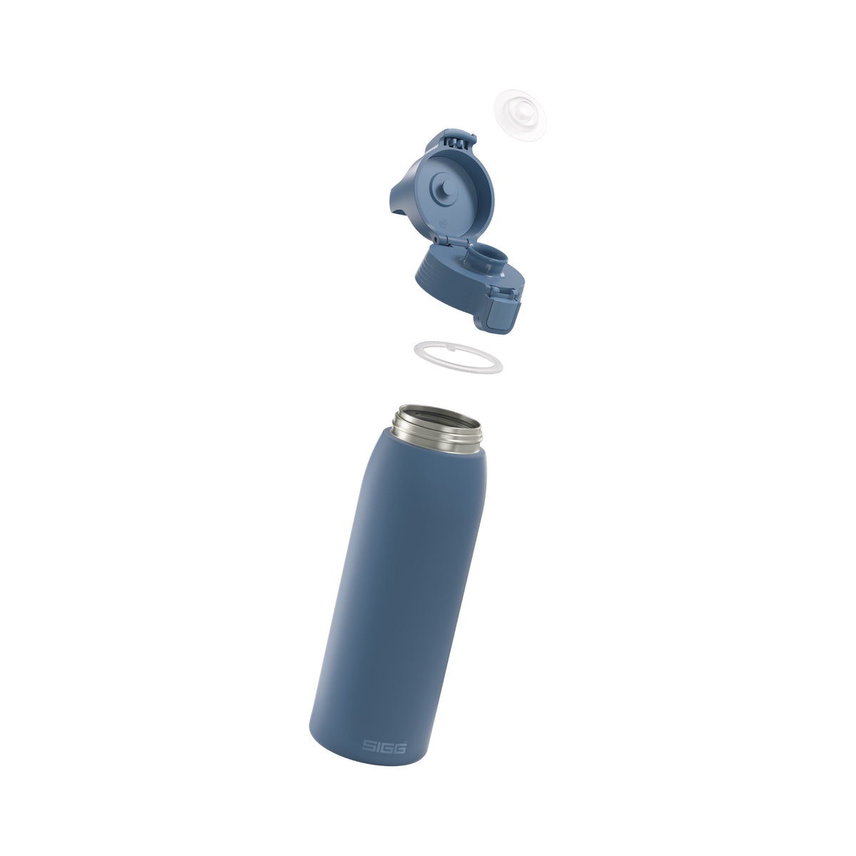 SIGG Shield One teräksinen juomapullo Deep Blue 1,0 l, osiin purettuna